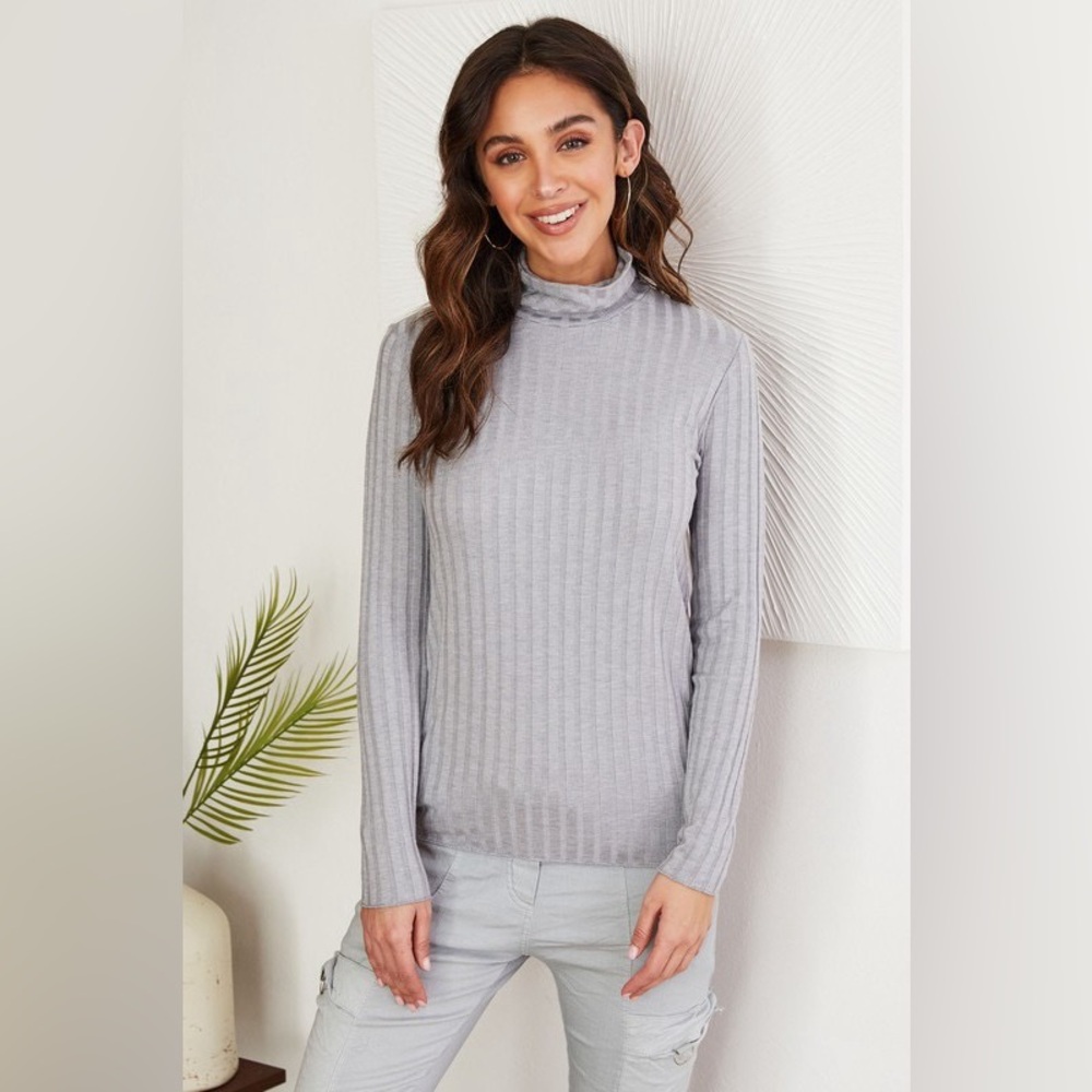 (81605-GRY) LONG SLEEVE TURTLENECK RIB KNIT TOP